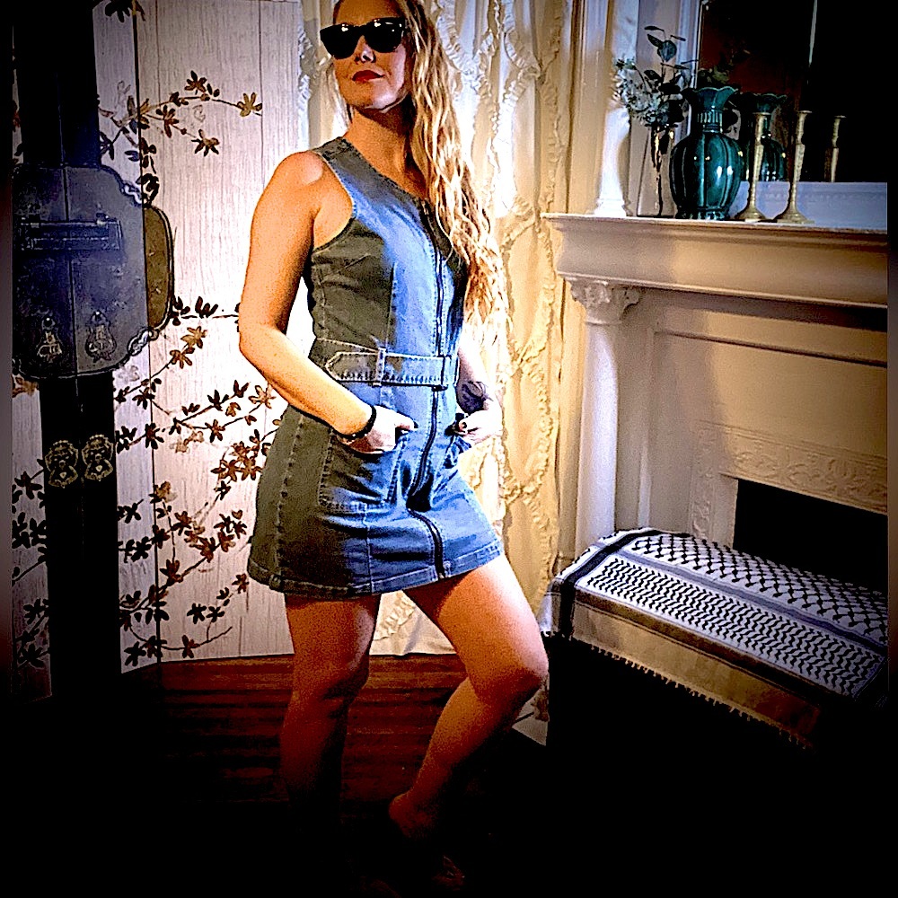 NWT Repreve by Rewash Denim Dress w Front Zipper/Belt/Pockets Size Large